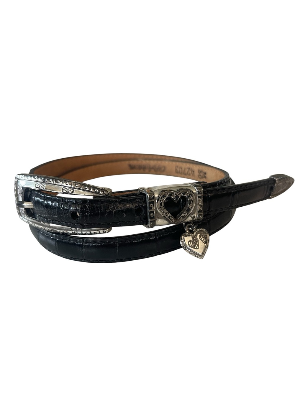 Brighton Black Leather Croc Belt Silver Buckle Heart Charm Medium 30